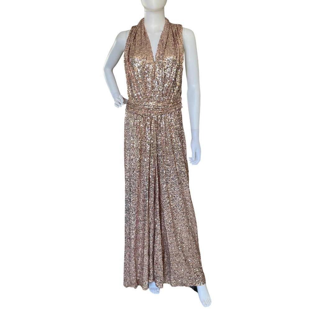 Badgley Mischka Rose Gold Sequin Halter V-Neck Gown Long Dress Size 16 KC